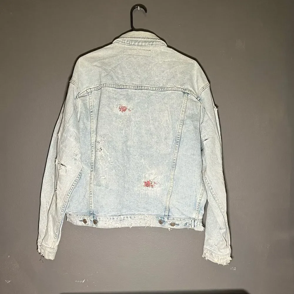 Vintage Paradise France Handmade Distressed Denim Jacket With Vintage Bandana Pa - Picture 2 of 9